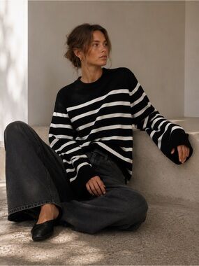Zara Black and White Striped Crewneck Sweater with Button Cuffs